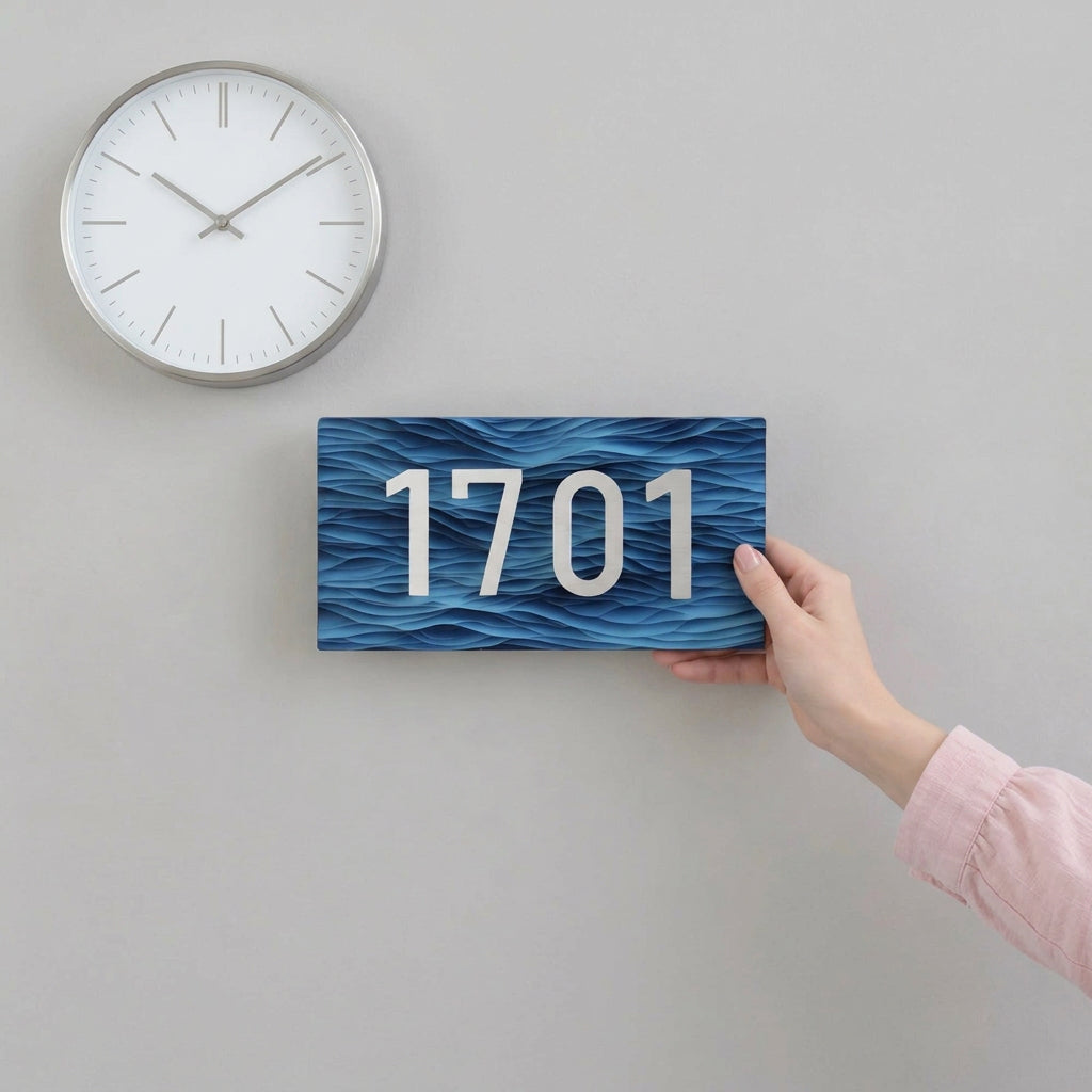 Embossed Ocean Wave House Number — Custom Handmade Door Plaque for Home Use