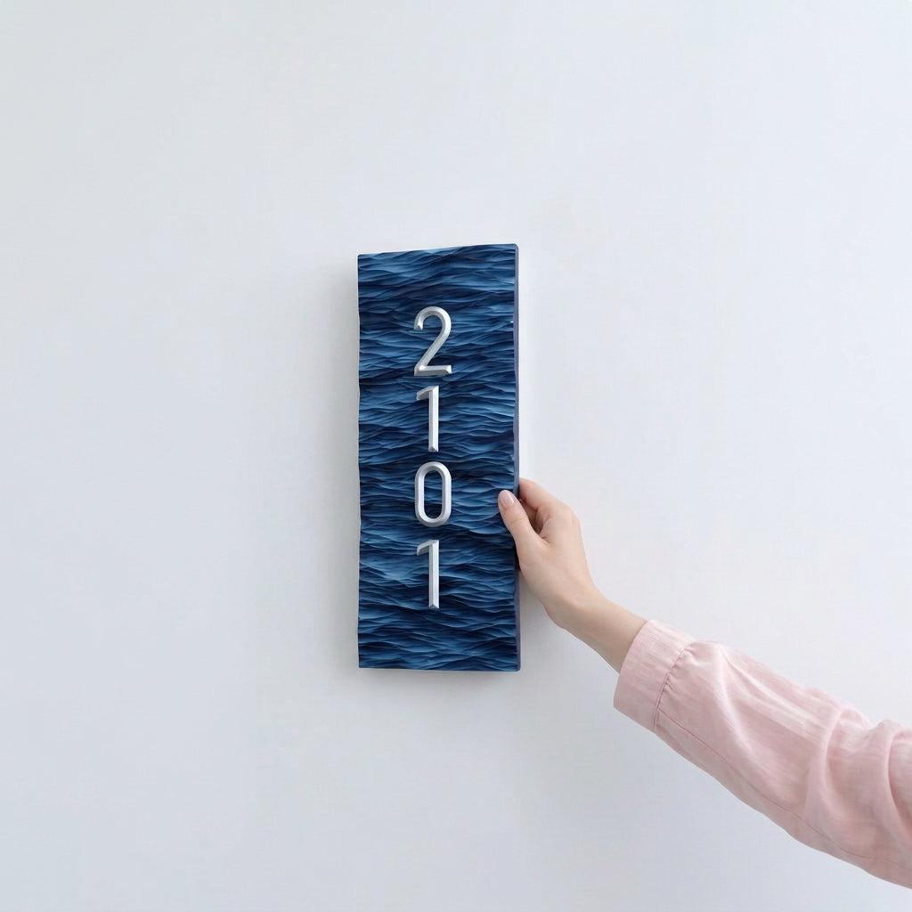 Embossed Ocean Wave House Number — Custom Handmade Door Plaque for Home Use