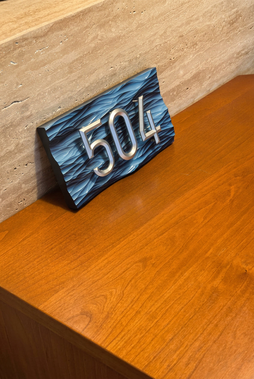 Embossed Ocean Wave House Number — Custom Handmade Door Plaque for Home Use