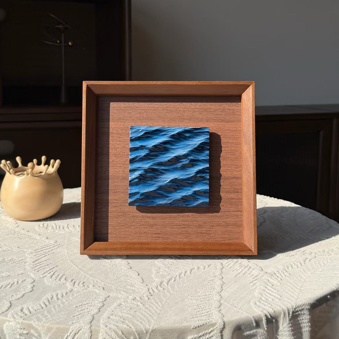 Handmade 3D Ocean Wave Sculpture Set in Large Wooden Frame – Wall & Table Art