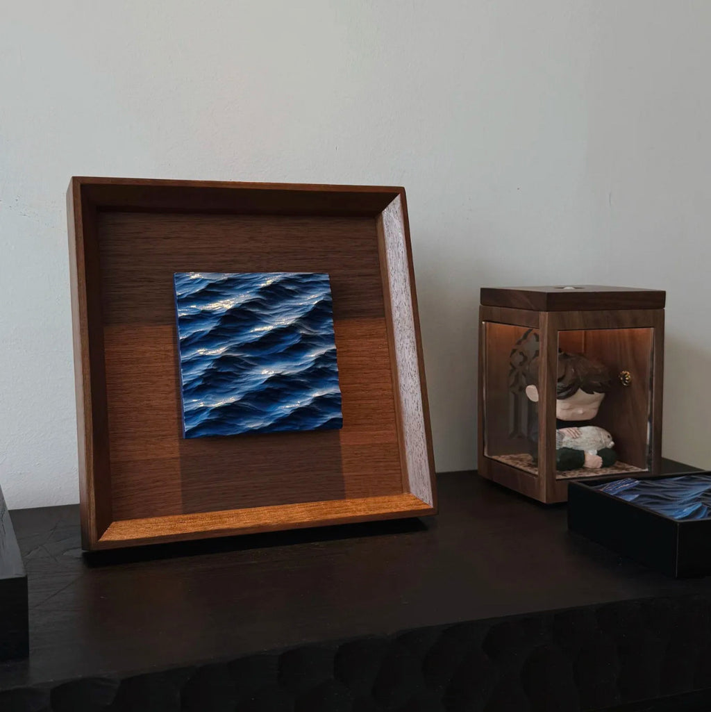 Handmade 3D Ocean Wave Sculpture Set in Large Wooden Frame – Wall & Table Art